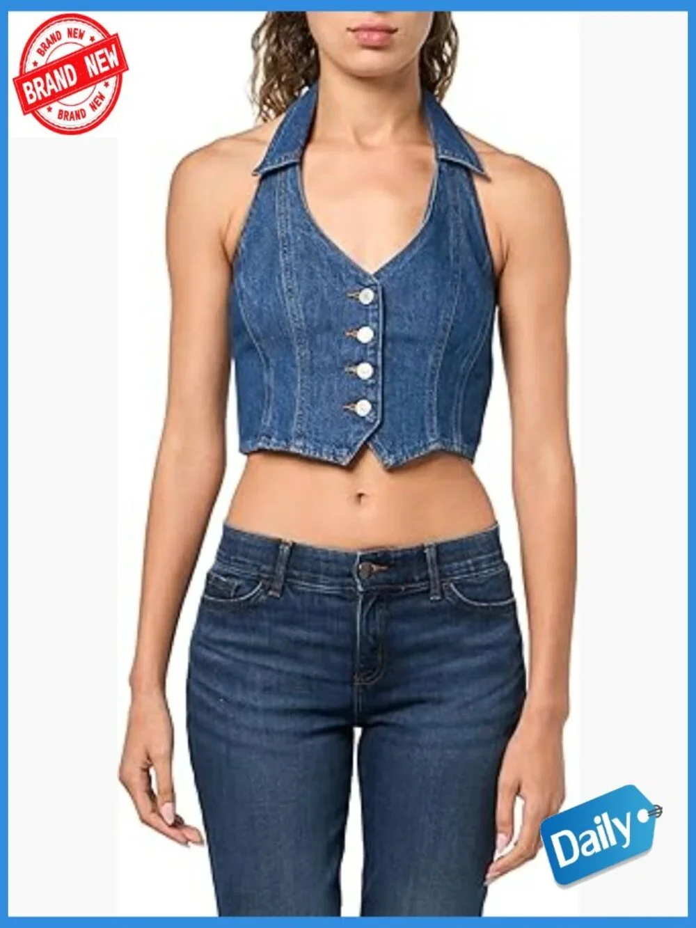 Vintage-Inspired Denim Corset Halter Top with V-Neckline